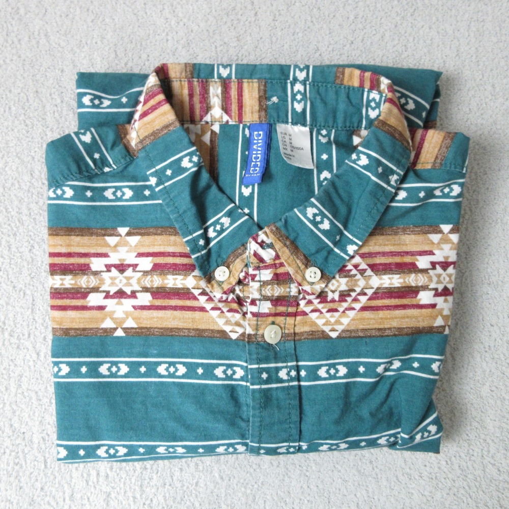 Divided by H&M Mens Teal Aztec Print Button Up Shirt Long Sleeve Medium